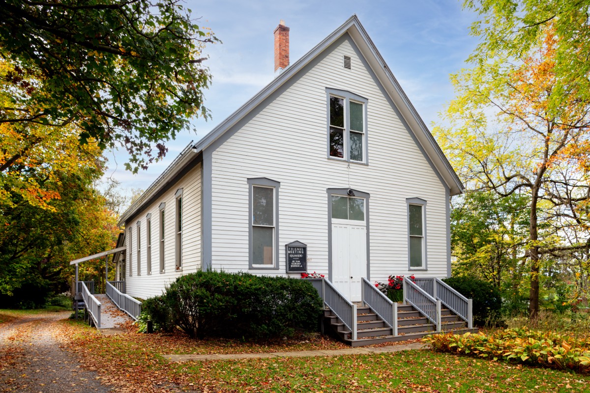 Exterior of the meetinghouse, front angled view