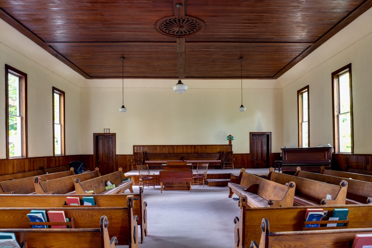 Interior of the meetinghouse, view from the back